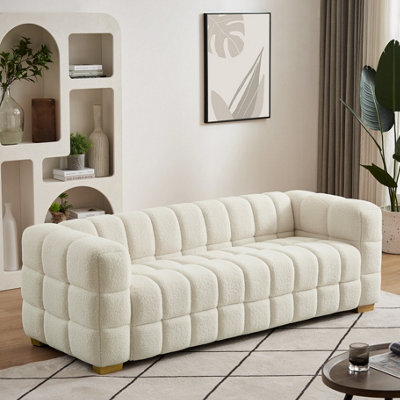 3 Seater Sofa, Teddy Fleece Fabric 210 CM Loveseat Couch with 2 Pillow for Living Room Bedroom - White