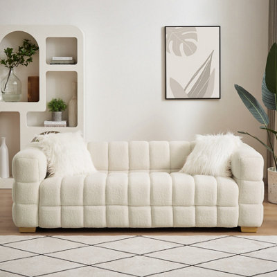3 Seater Sofa, Teddy Fleece Fabric 210 CM Loveseat Couch with 2 Pillow for Living Room Bedroom - White
