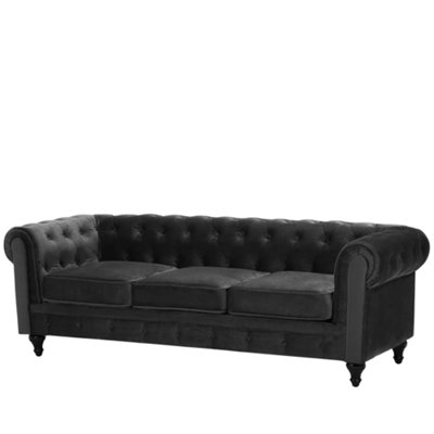 3 Seater Velvet Fabric Sofa Black CHESTERFIELD