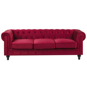 3 Seater Velvet Fabric Sofa Red CHESTERFIELD