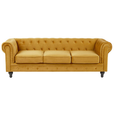 3 Seater Velvet Fabric Sofa Yellow CHESTERFIELD