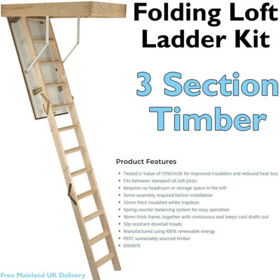 3 Section Timber Folding Loft Ladder Kit with Insulated Hatch - 2.8m Max Height for Easy Access
