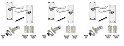 3 Set of Victorian Scroll Latch Door Handles Polished Chrome with Pair of 3" Ball Bearing Hinges & Latches Pack Sets 120 x 40mm