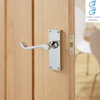 3 Set of Victorian Scroll Latch Door Handles Polished Chrome with Pair of 3" Ball Bearing Hinges & Latches Pack Sets 120 x 40mm