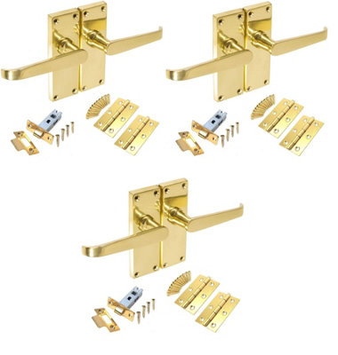 3 Set Victorian Straight Polished Brass Lever Latch Door Handles Sets with 2.5 " Latch and Standard Butt Hinges