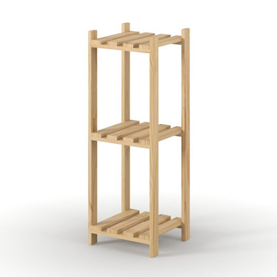 3 Shelf Narrow Slatted Storage Unit, Solid Pine Wood, Natural Sanded