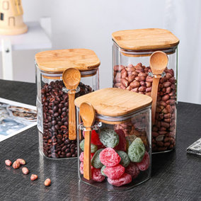 3 Sizes Glass Storage Jars with Bamboo Spoons and Lids Set of 3