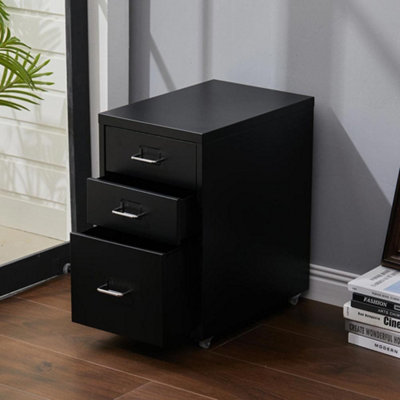 3 Sliding Drawers Black Vertical Mobile Under Desk Storage Metal File Cabinet with Wheels H 485 mm