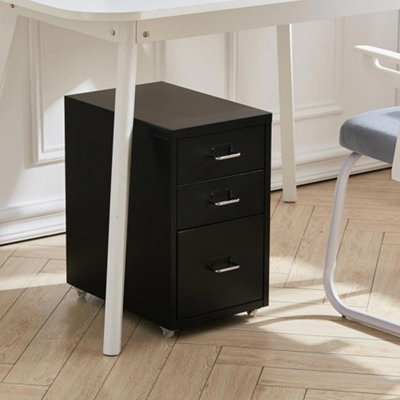 3 Sliding Drawers Black Vertical Mobile Under Desk Storage Metal File Cabinet with Wheels H 485 mm