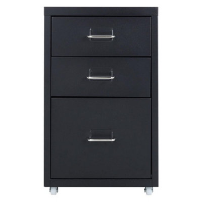 3 Sliding Drawers Black Vertical Mobile Under Desk Storage Metal File Cabinet with Wheels H 485 mm