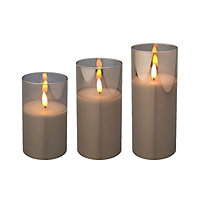 3 Smoky Glass LED Candles With Timer Warm White Candle Lights Realistic 7.5cm Wide
