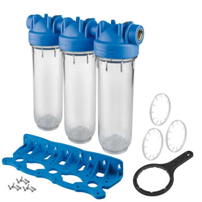 3 Stage 10" Inline Water Filter System Housing 1/2" Ports With Wall Bracket And Key