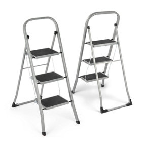 3 Step Ladder Portable Compact Folding Metal Non Slip Stool Heavy Duty Steel Grey