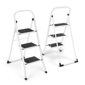 3 Step Ladder Portable Compact Folding Metal Non Slip Stool Heavy Duty Steel - White & Black