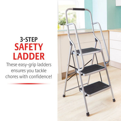 3-Step Safety Step Ladder, Silver Ladder with Steel Frame, Handrails ...