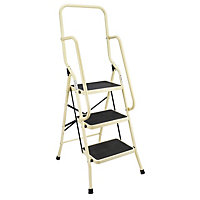 3 Step Safety Stepladder - Foldable Non-Slip Tread Ladder with Safety Handrails - Cream, Measures H135 x W55 x D67cm Open