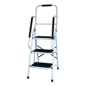 3 Step Safety Stepladder - White Foldable Ladder with Wide Non-Slip Treads, Safety Handrail & Rubber Ferrules - H135 x W48 x D72cm