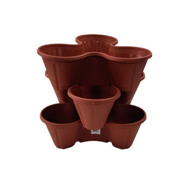 3 Terracotta Strawberry Trio Planter Flower Pot Stackable Plastic Patio Herb Planter