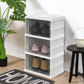 3 Tier 3 Compartment White Stackable Foldable Shoe Storage Box Unit for Home Hallway and Corner