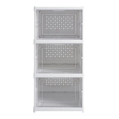 3 Tier 3 Compartment White Stackable Foldable Shoe Storage Box Unit for Home Hallway and Corner