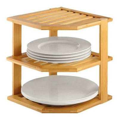 3 Tier Bamboo Kitchen Plate Rack 24x25cm Cupboard Organiser Shelf Storage