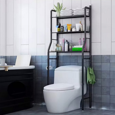 3 Tier Black Metal Bathroom Storage Organizer Shelf Over Toilet Rack Paper Roll Holder with 3