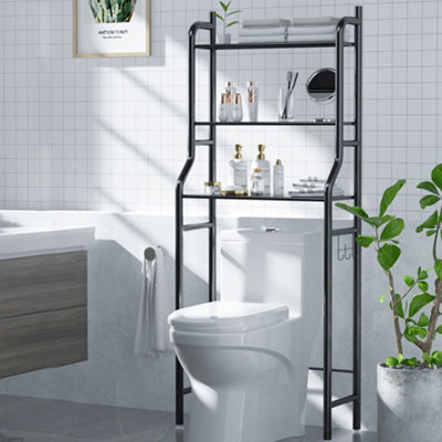3 Tier Black Metal Bathroom Storage Organizer Shelf Over Toilet Rack Paper Roll Holder with 3 Hooks - 3