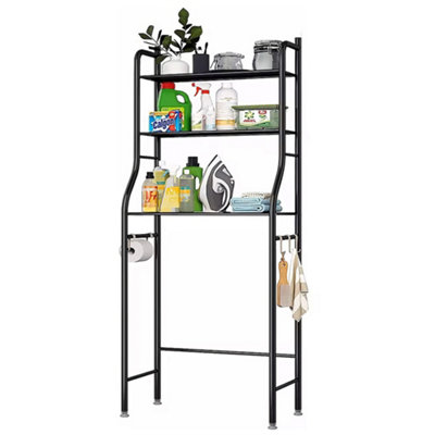 3 Tier Black Metal Bathroom Storage Organizer Shelf Over Toilet Rack Paper Roll Holder with 3 Hooks - 6