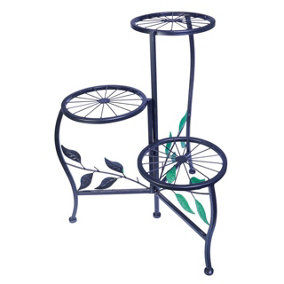 3 Tier Black Metal Plant Stand - Home or Garden Flower Pot Display with 3 Shelves & Green Leaf Design - H50 x W40 x D36cm