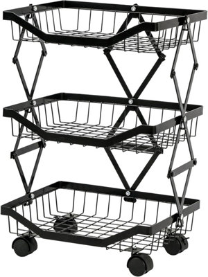 3 Tier Black Metal Rolling Storage Trolley Foldable, Stackable ...