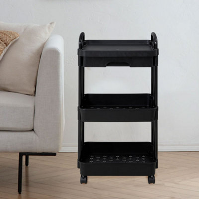 3-Tier Black Rolling Cart with Lockable Wheels and Drawer, 41 cm W x 30 ...