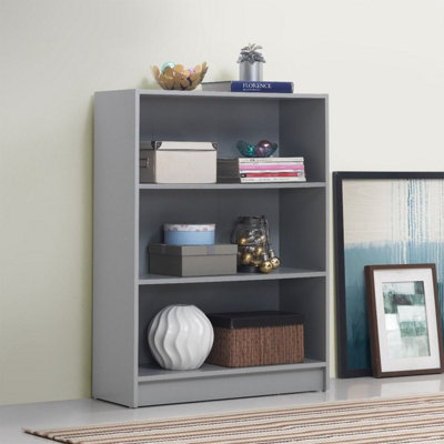 3 Tier Bookcase Wide Display Shelving Storage Unit Wood Furniture Grey