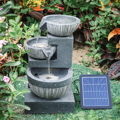 3 Tier Bowls Rockery Decoration Outdoor Water Fountain Garden Water Feature with LED Lights Solar Powered