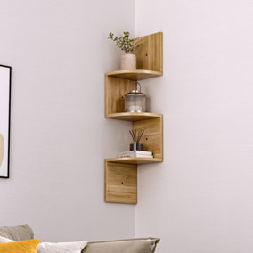 3 Tier Brown Zigzag Design Wooden Floating Wall Corner Shelf Bookcase