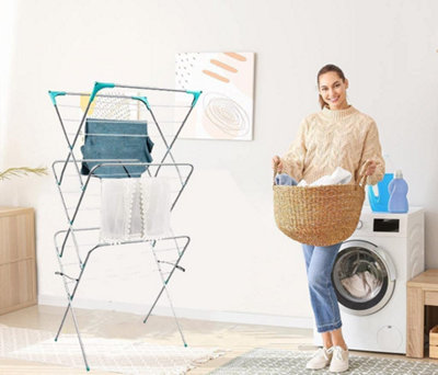 3 Tier Clothes Towel Airer Laundry Dryer Concertina Indoor Outdoor 133Cm - Non-Slip Feet Corner Spaces for Hangers Foldable