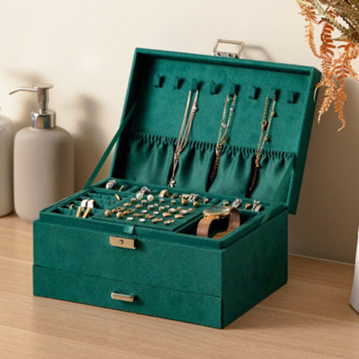 3-Tier Dark Green Velvet Lockable Jewelry Box for Rings, Earrings