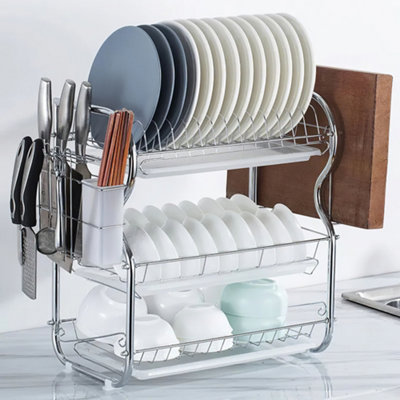 3 Tier Dish Drainer Rack Draining Board Cutlery Holder with Tableware ...