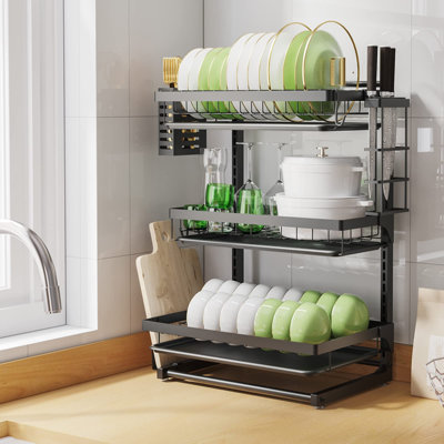 3 Tier Dish Drainer Rack with Drip Tray Adjustable Layers Dish Drying Rack with Utensil Holder