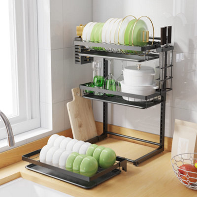 3 Tier Dish Drainer Rack with Drip Tray Adjustable Layers Dish Drying ...