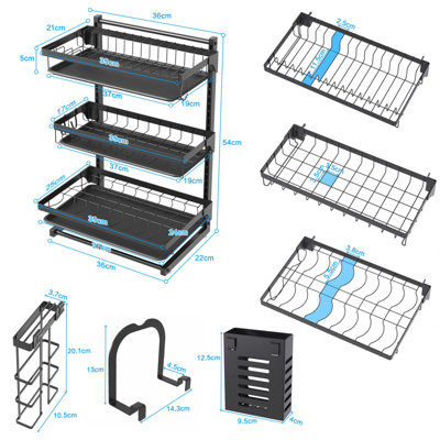 3 Tier Dish Drainer Rack with Drip Tray Adjustable Layers Dish Drying Rack with Utensil Holder