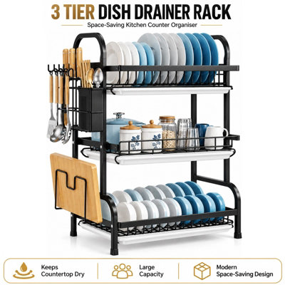 3 Tier Dish Drainers Rack with Removable Drip Tray Large Dish Drying ...