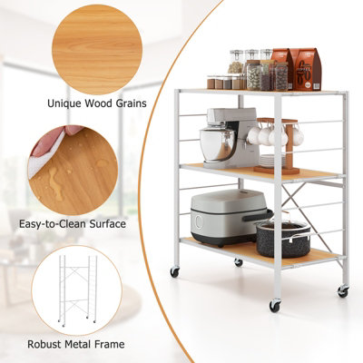 3 Tier Foldable Shelving Unit Storage Rack Metal Shelves with Detachable Wheels
