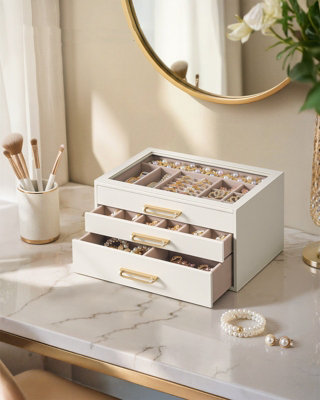 3 Tier Glass Window Jewellery Box Organiser with 3 Drawers Handles ,White