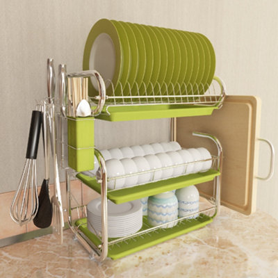 3 Tier Green Kitchen Dish Drainer Rack Dish Drying Rack with Cutlery Holder