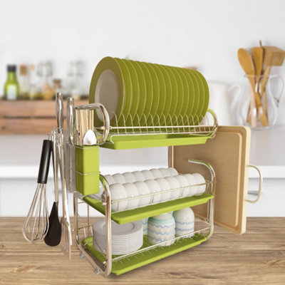 3 Tier Green Kitchen Dish Drainer Rack Dish Drying Rack with Cutlery Holder