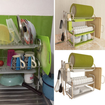 3 Tier Green Kitchen Dish Drainer Rack Dish Drying Rack with Cutlery Holder