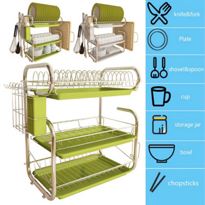 3 Tier Green Kitchen Dish Drainer Rack Dish Drying Rack with Cutlery Holder