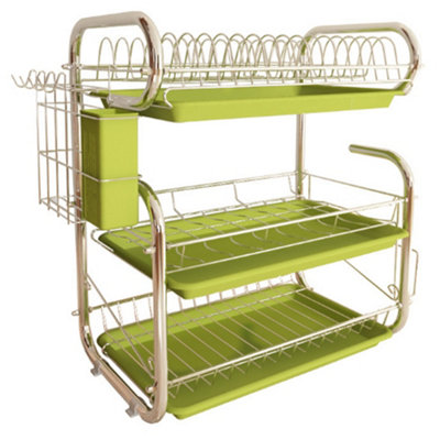 3 Tier Green Kitchen Dish Drainer Rack Dish Drying Rack with Cutlery Holder