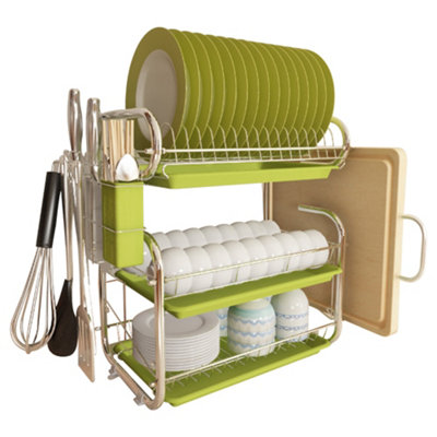 3 Tier Green Kitchen Dish Drainer Rack Dish Drying Rack with Cutlery Holder