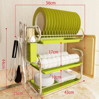 3 Tier Green Kitchen Dish Drainer Rack Dish Drying Rack with Cutlery Holder